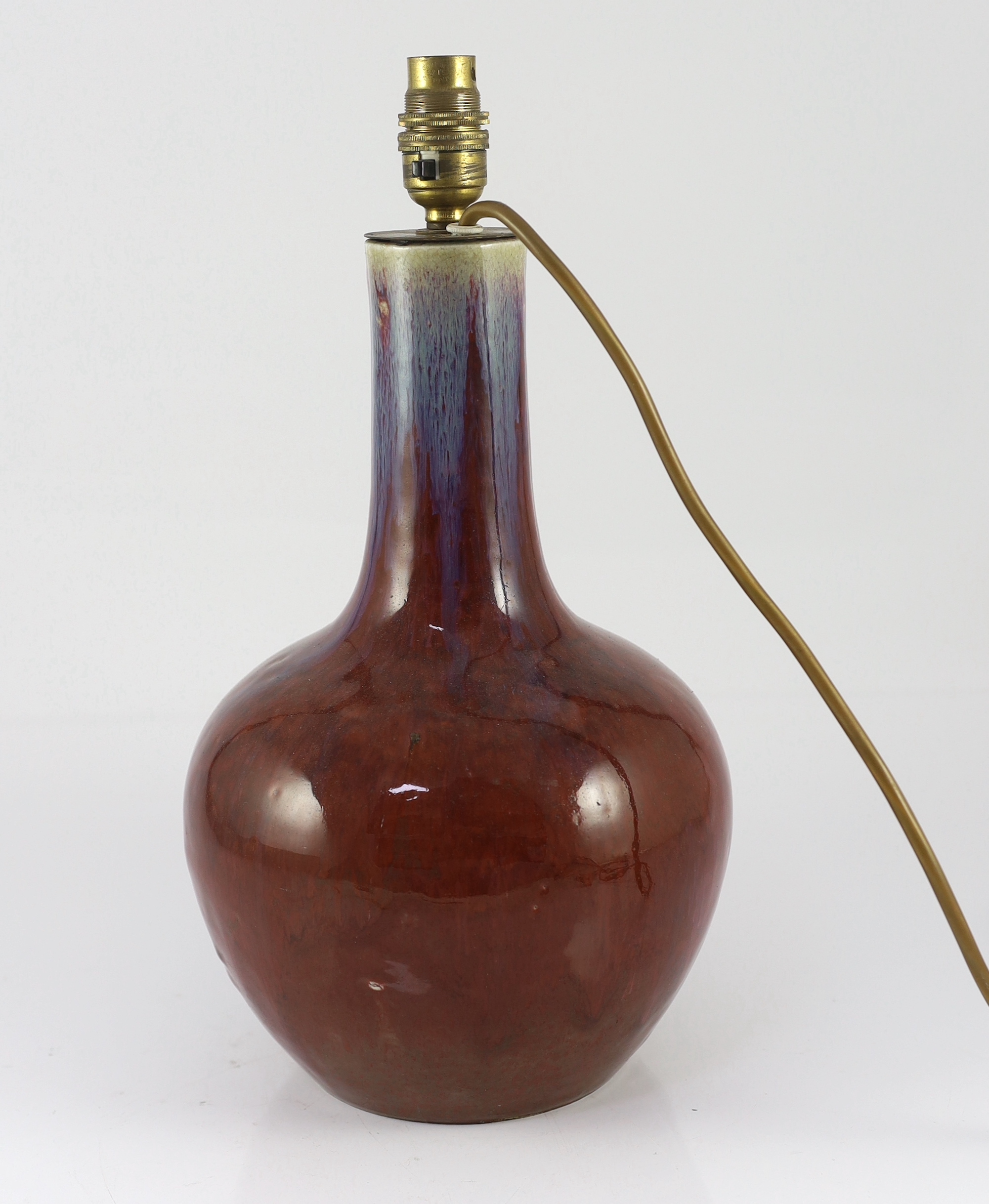 A Chinese flambé glazed bottle vase, tianqiuping, 18th/19th, mounted as a lamp